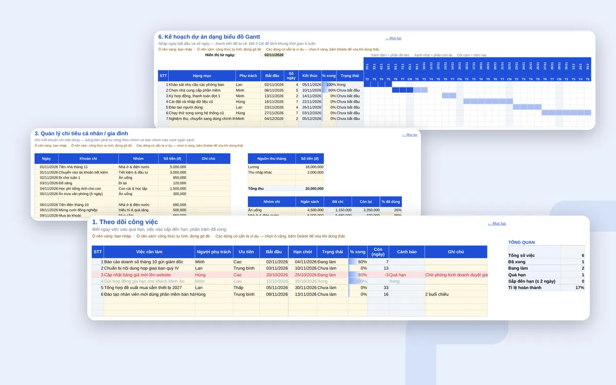 Ba mẫu Excel: theo dõi công việc, chi tiêu, kế hoạch dự án dạng Gantt