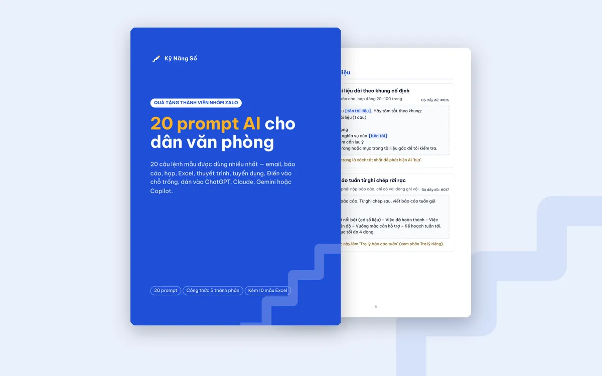 Bìa và một trang bên trong bộ 20 prompt AI cho dân văn phòng