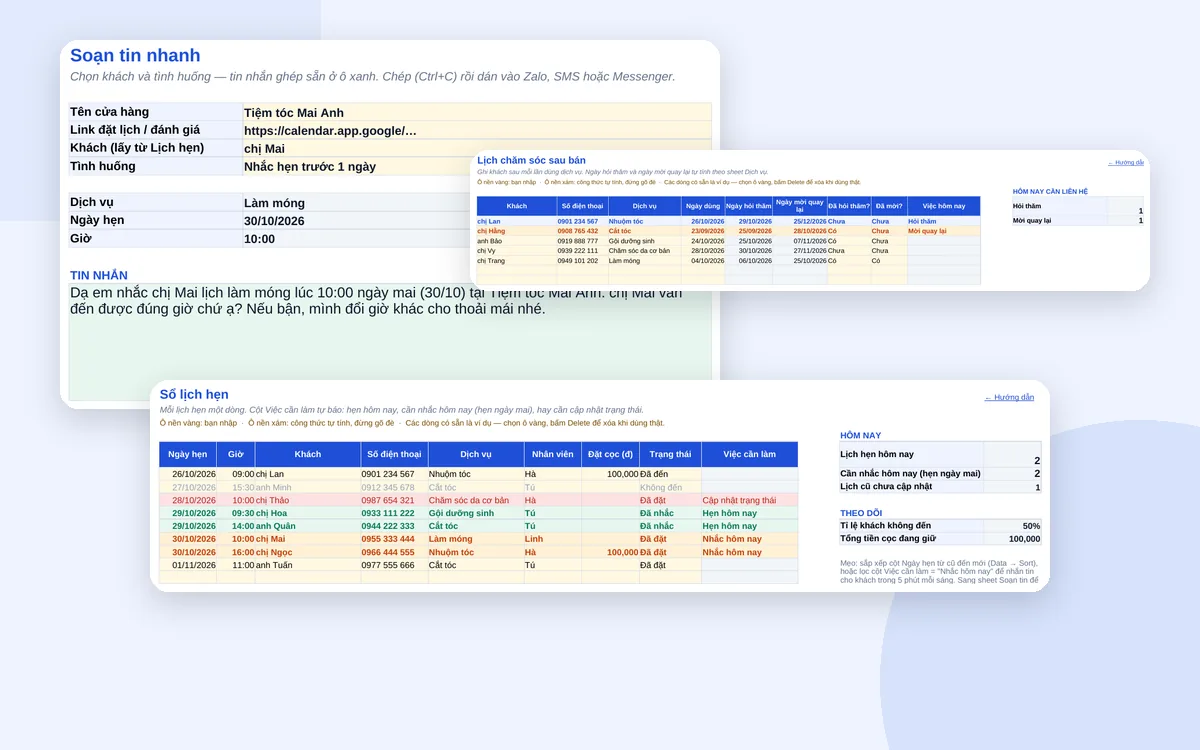 Sổ lịch hẹn, lịch chăm sóc sau bán và ô soạn tin nhắn trong file Excel