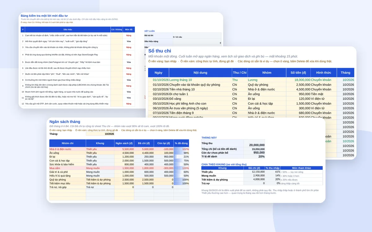 Sổ thu chi, bảng ngân sách tháng và bảng kiểm tra lời mời đầu tư trong file Excel