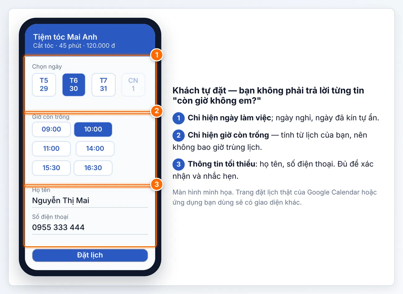 Khách mở link: (1) chỉ thấy ngày làm việc; (2) chỉ thấy giờ còn trống; (3) điền họ tên, số điện thoại là xong. Màn hình minh họa — giao diện thật có thể khác.