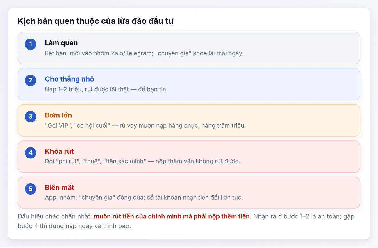 Năm bước của một vụ lừa đảo đầu tư: (1) làm quen; (2) cho thắng nhỏ; (3) bơm lớn; (4) khóa rút, đòi phí; (5) biến mất.
